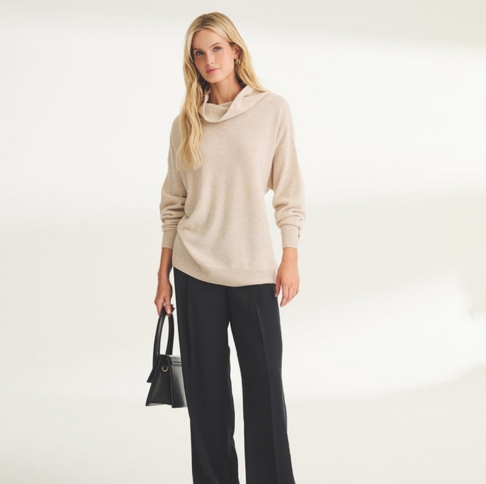 Lochmere 100% Cashmere Oatmeal Beige Funnel Neck Sweater M - Washable!